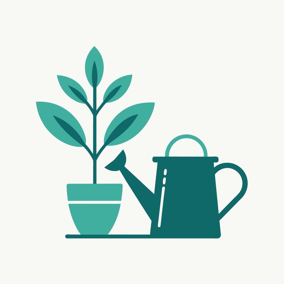 A watering can placed next to a potted plant in a minimalist setting, A minimalist illustration of a watering can and potted plant vector