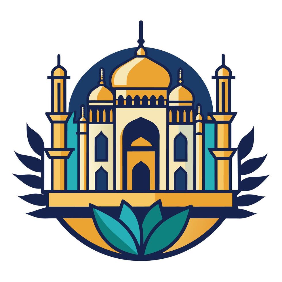 A white and yellow building stands tall under a clear blue sky, A clean design of the Taj Mahal, minimalist simple modern logo design vector