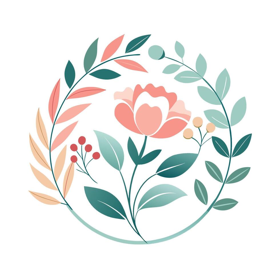 A circle featuring a variety of leaves and flowers in a whimsical watercolor style, Subtle watercolor floral elements for a whimsical wedding aesthetic vector