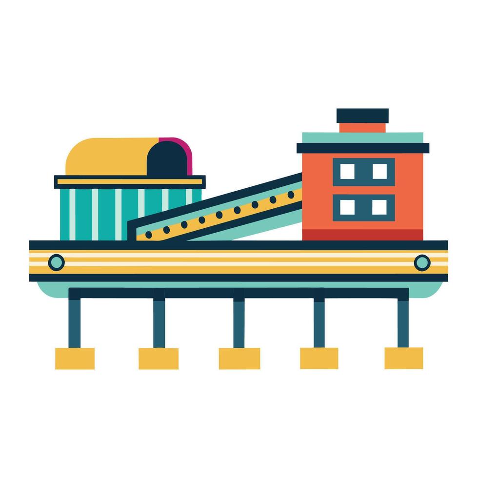 Roller coaster track with a building structure on top of it, A minimalist depiction of a conveyor belt system, minimalist simple modern logo design vector