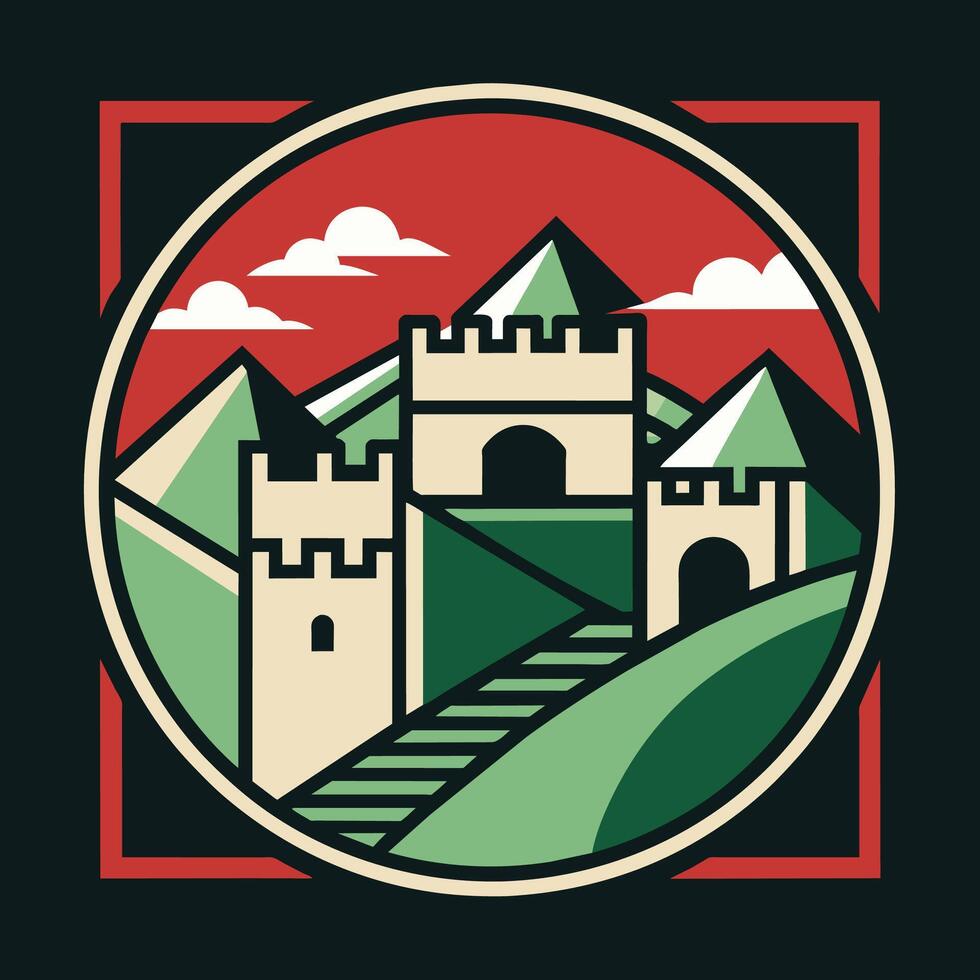 A castle standing tall on a hill, overlooking the surrounding landscape, A geometric interpretation of the Great Wall of China, minimalist simple modern logo design vector