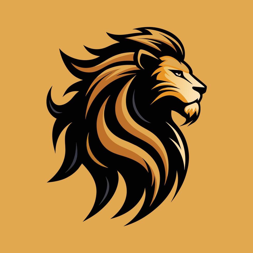 A lions head with a flowing mane against a vibrant yellow backdrop, A majestic lion with a mane flowing in the wind, minimalist simple modern logo design vector