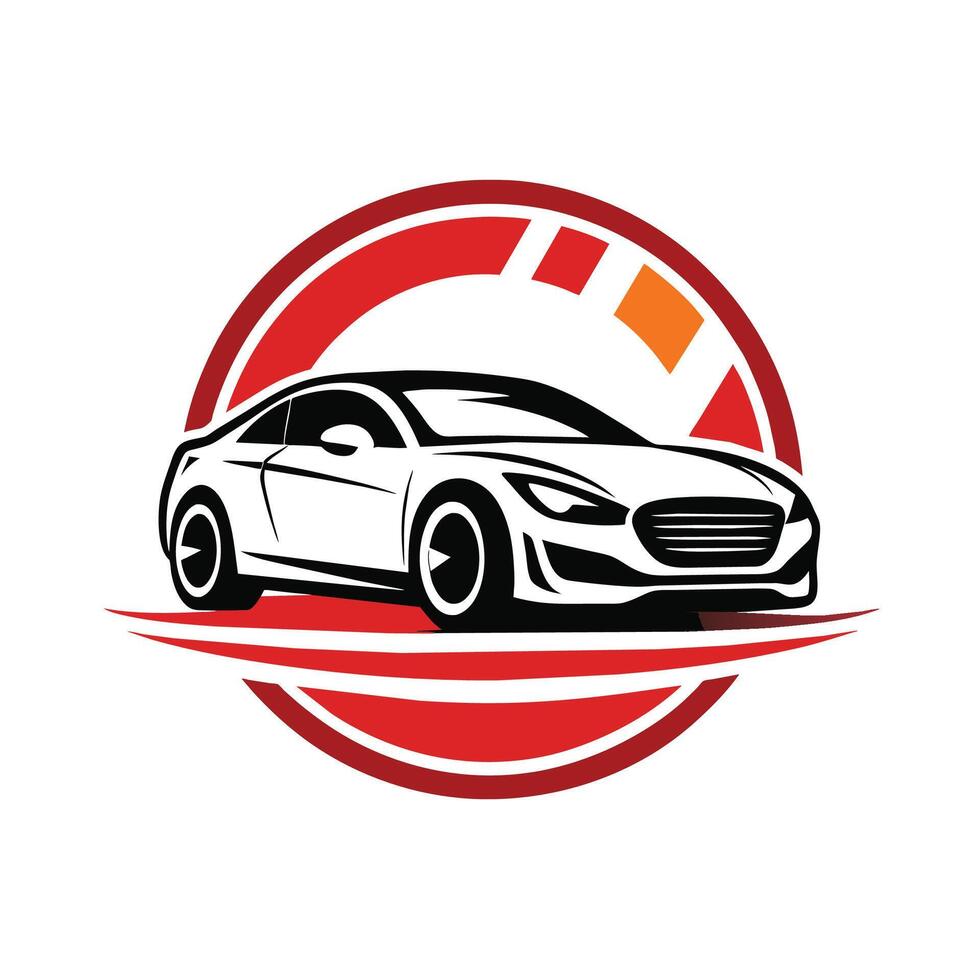 A white car showcased within a red circle, showcasing a clean and sophisticated design, A clean and sophisticated depiction of a car showroom, minimalist simple modern logo design vector