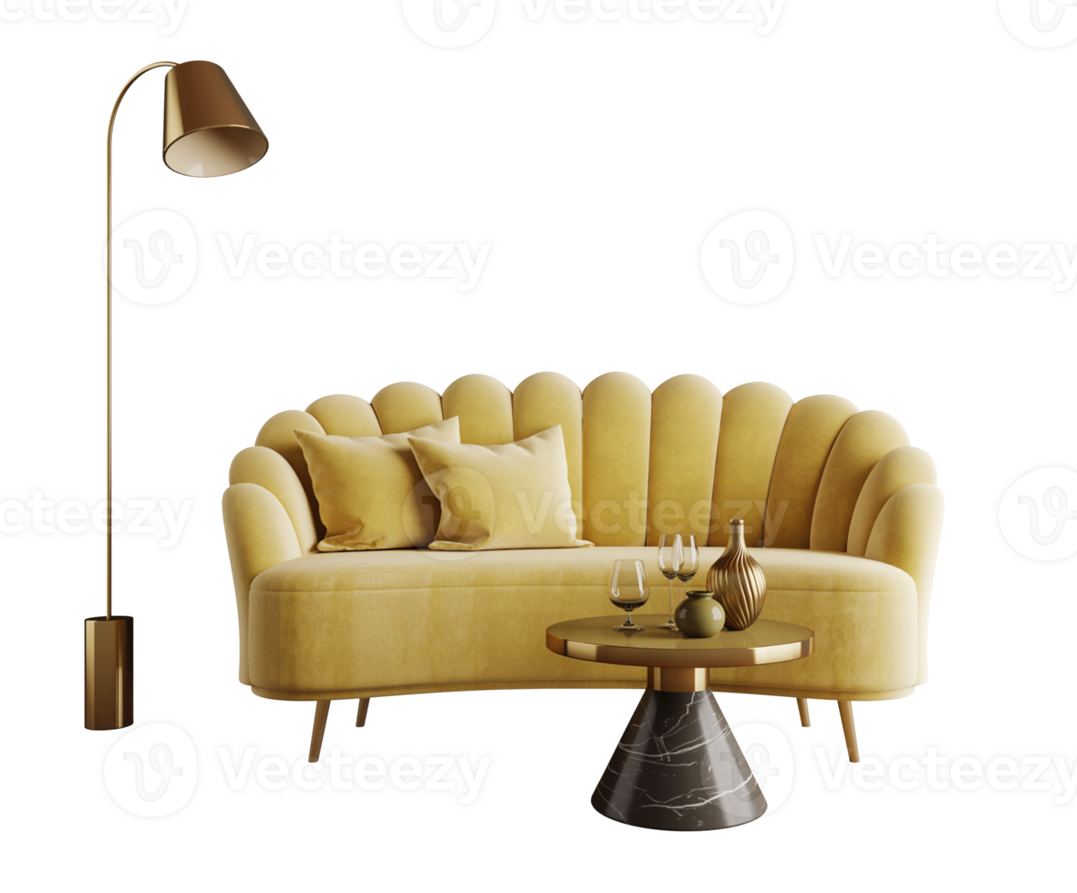 Yellow sofa in art deco classic style with table and lamp png
