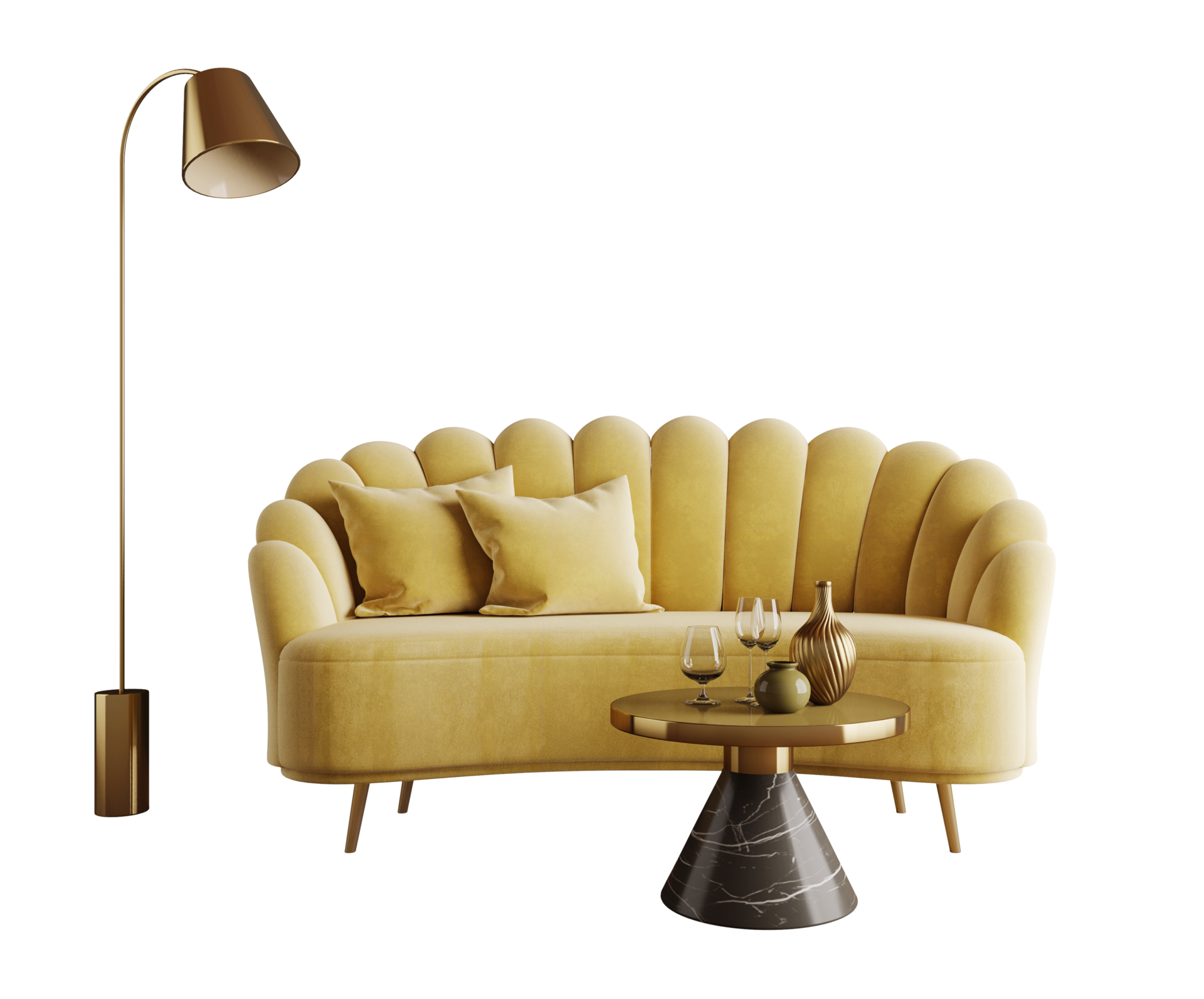 Yellow sofa in art deco classic style with table and lamp 43212310 PNG