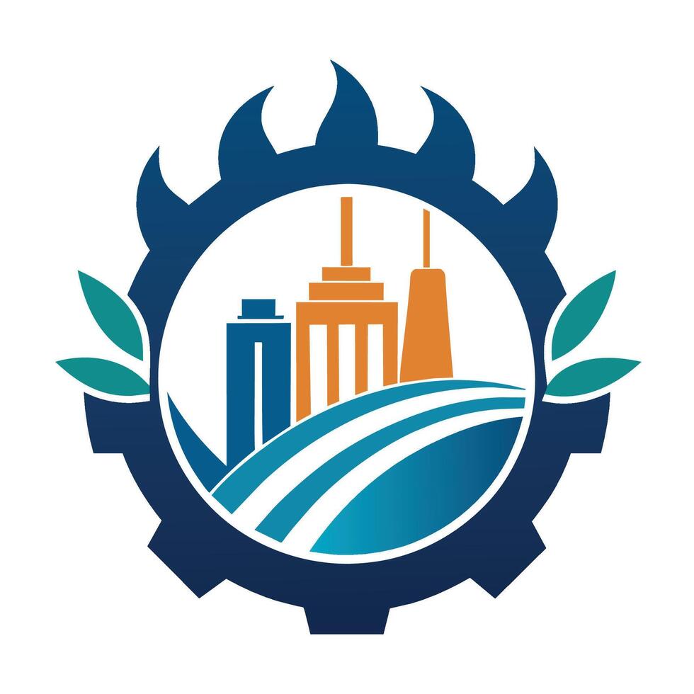 Minimalist logo design featuring blue and orange colors with a city skyline in the background, A minimalist logo inspired by the beauty of manufacturing processes and machinery vector