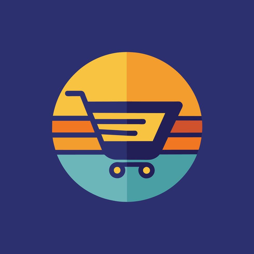 A shopping cart with the sun shining in the background at a retail store parking lot, A contemporary logo for an e-commerce platform, minimalist simple modern logo design vector