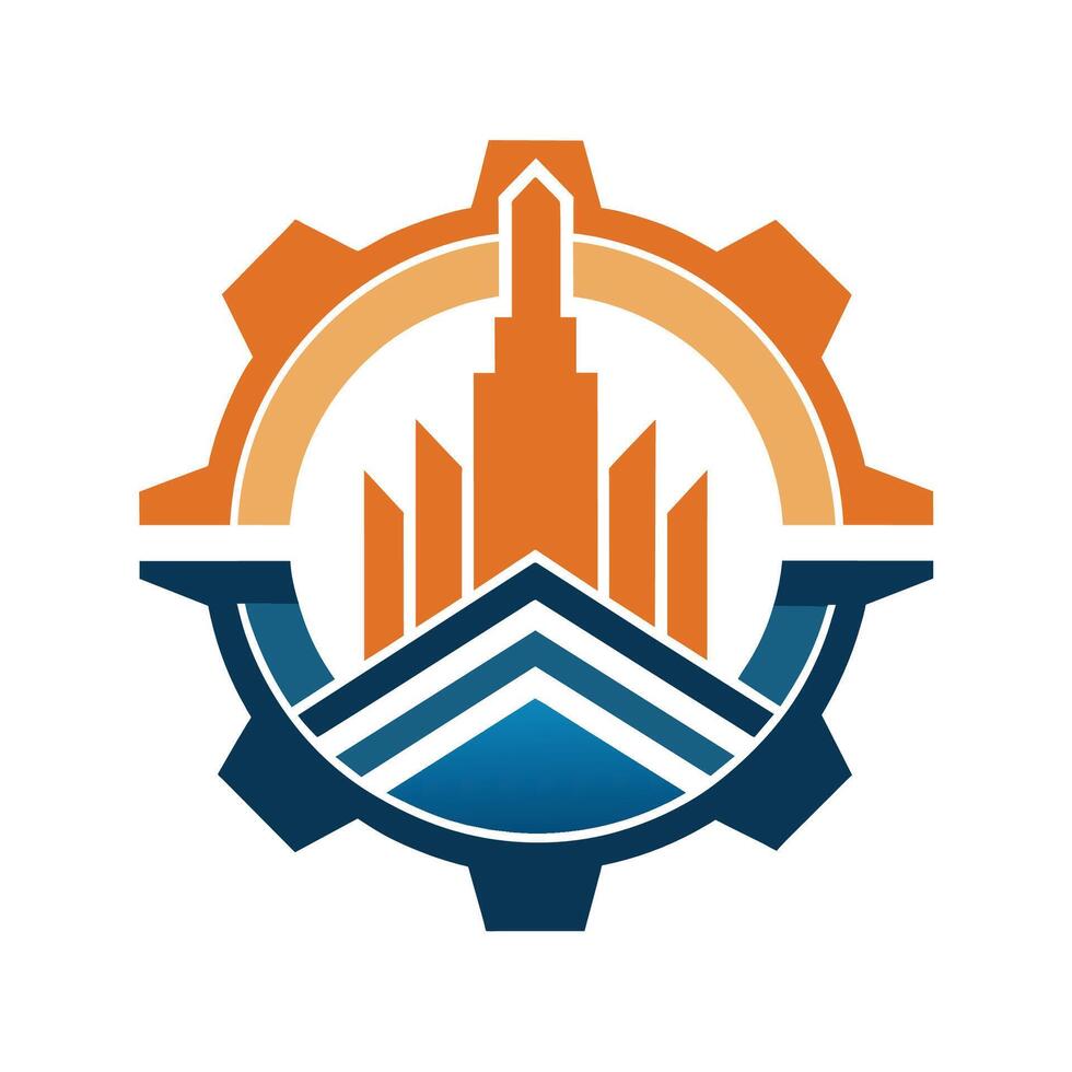 A minimalist logo featuring orange and blue colors with a building in the center, A minimalist logo inspired by the beauty of manufacturing processes and machinery vector