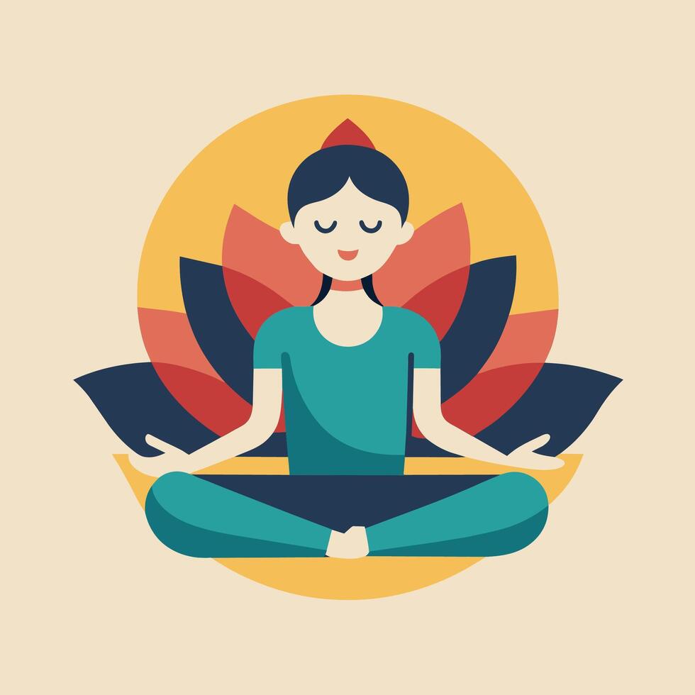 un mujer sentado en un loto posición con su ojos cerrado en un calma y enfocado manera, un calmante imagen de un pacífico yoga clase en sesión, minimalista sencillo moderno logo diseño vector