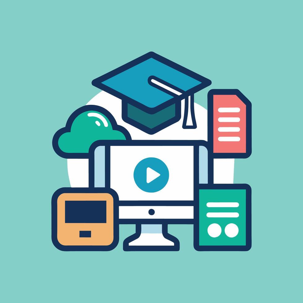 A computer with a graduation cap placed on top symbolizing remote learning achievement, A modern and simplistic icon for a remote learning platform vector