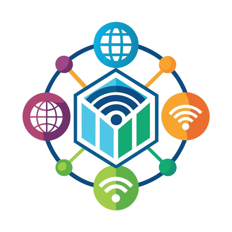 Cubic Logo Surrounded by Icons, A minimalistic representation of the internet of things in a sleek and modern style vector
