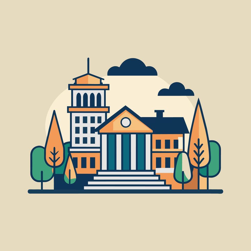 A building stands tall with trees and clouds in the background on a college campus, A minimalist representation of a college campus, with trees and buildings in a simple, elegant style vector