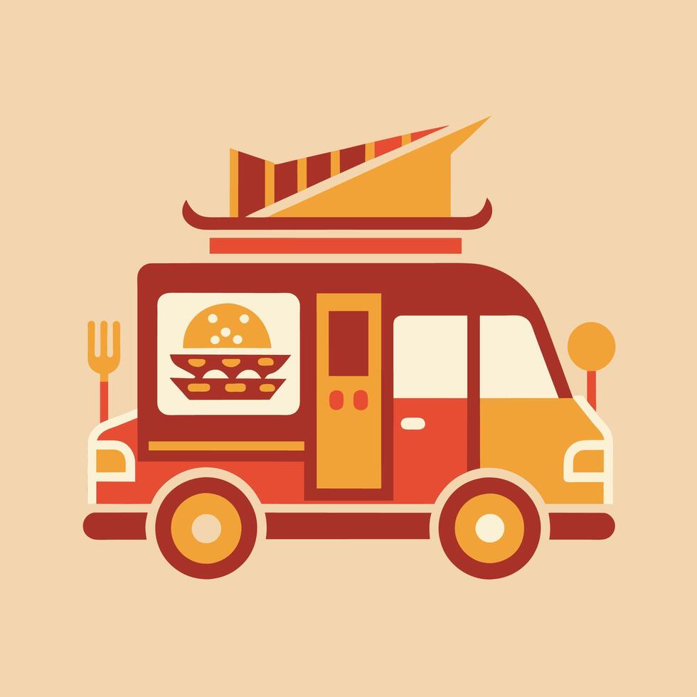 A food truck is shown serving a hamburger and a fork in a busy street, A minimalist logo using negative space to cleverly incorporate elements of a food truck vector
