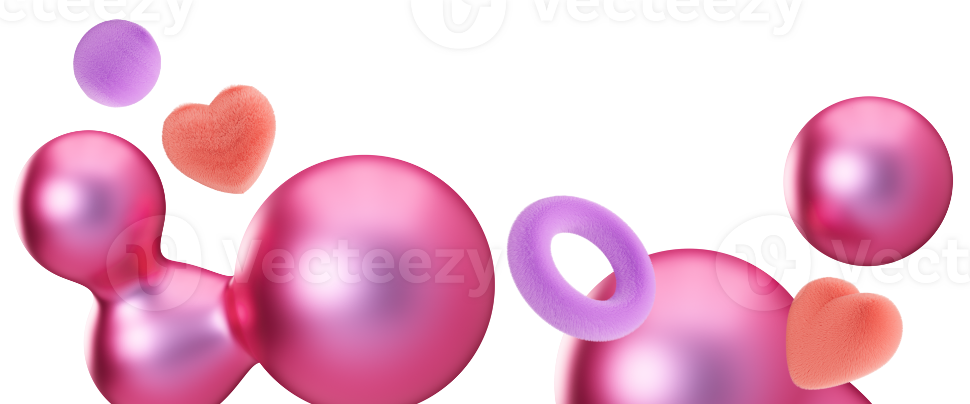 Playful footer with abstract, fluffy and metallic 3D shapes, on transparent background. Modern border. Pink and purple colours. Y2k style. Girlish design. Bottom of the sheet. 3D render. png