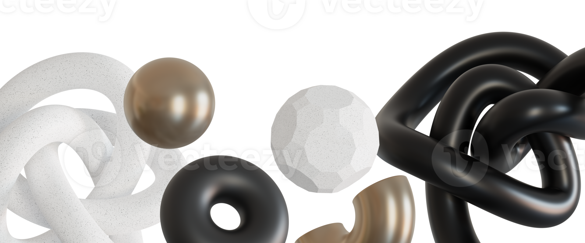 Elegant, minimalistic footer with abstract, floating black, white and metallic 3D shapes, on transparent background. Modern border. Neutral tones. Bottom of the sheet. 3D render. png