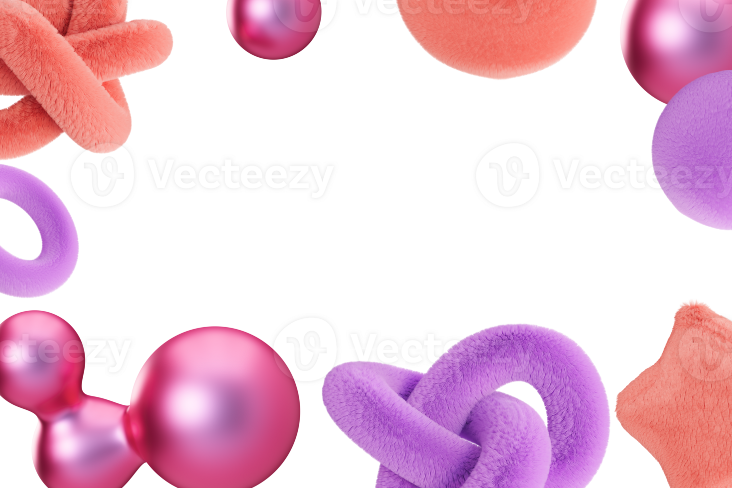 spielerisch Rahmen mit abstrakt, flauschige und metallisch 3d Formen, auf transparent Hintergrund. modern Grenze. Rosa und lila Farben. y2k Stil. Kopieren Raum im das Mitte. mädchenhaft Design. 3d machen. png