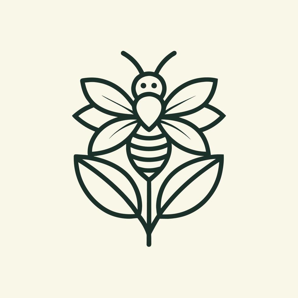 A bee calmly sits on top of a leaf in a minimalist line drawing, A minimalist line drawing of a bee perched on a flower, minimalist simple modern logo design vector