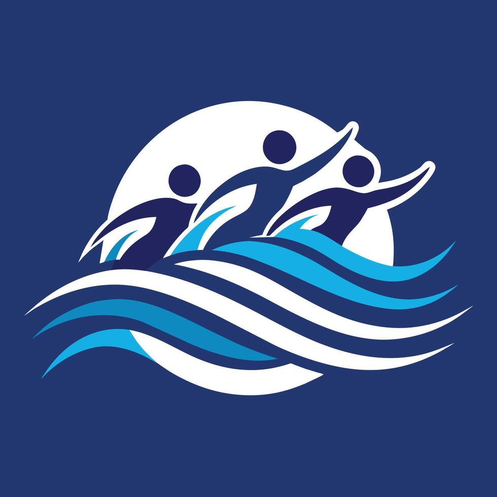 varios individuos surf en un grande ola en el océano, un minimalista icono ese representa un nadando equipo, minimalista sencillo moderno logo diseño vector