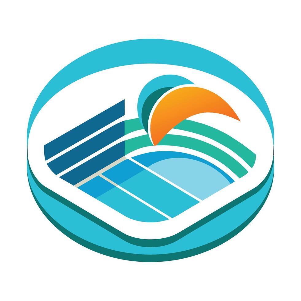 Minimalist blue and white logo featuring an orange sun design, A clean design of a swimming pool, minimalist simple modern logo design vector