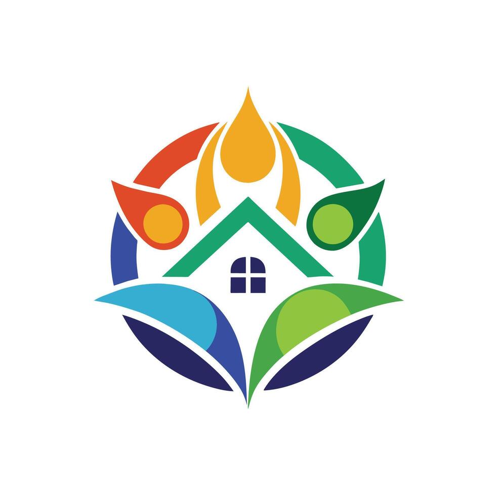 A house stacked on top of another house surrounded by leaves, A minimalist logo that evokes a sense of community and collaboration vector