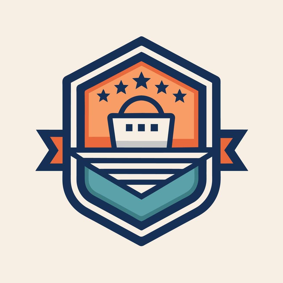 A boat positioned in the center of a shield adorned with stars, A minimalistic emblem for an online retailer, minimalist simple modern logo design vector