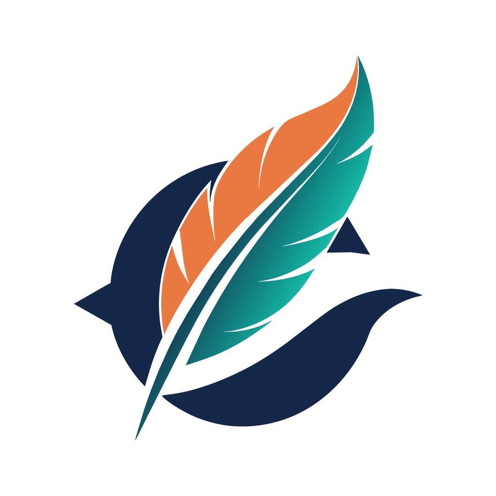 Stylized quill pen featuring a blue and orange feather intertwined with a green leaf, A modern representation of a stylized quill pen for a literary news publication vector