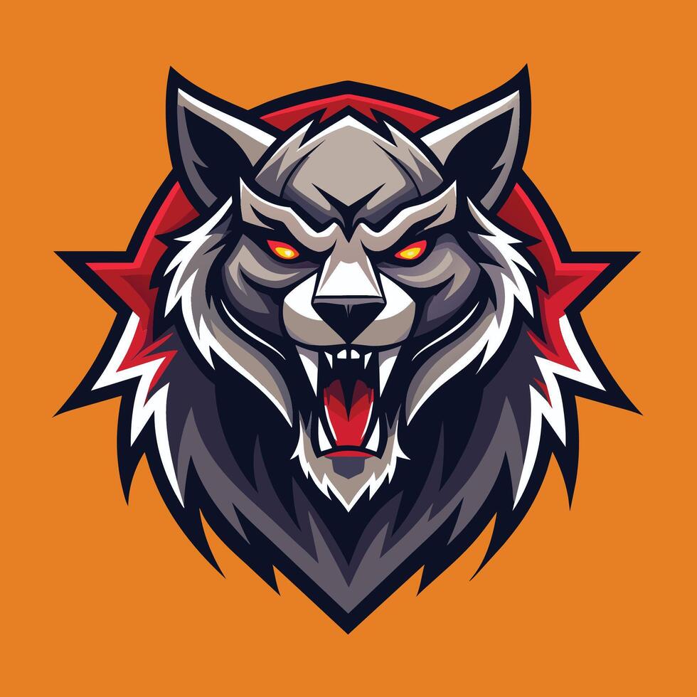 A wolfs head with intense red eyes and sharp fangs in a dynamic design, A dynamic design featuring a fierce animal mascot logo, minimalist simple modern logo design vector