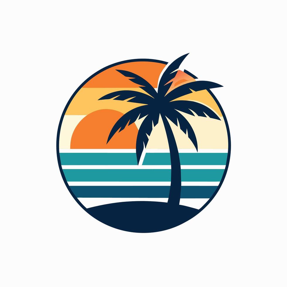 A palm tree stands on a beach as the sun sets in the background, Beach sunset with palm tree silhouette, minimalist simple modern logo design vector