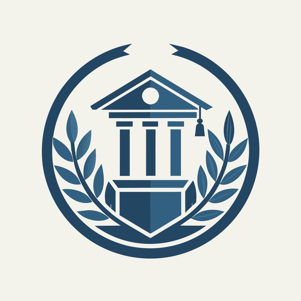 A blue and white logo showcasing a building in the middle, exuding a sense of elegance and sophistication, A subtle, sophisticated logo incorporating symbols of higher education vector