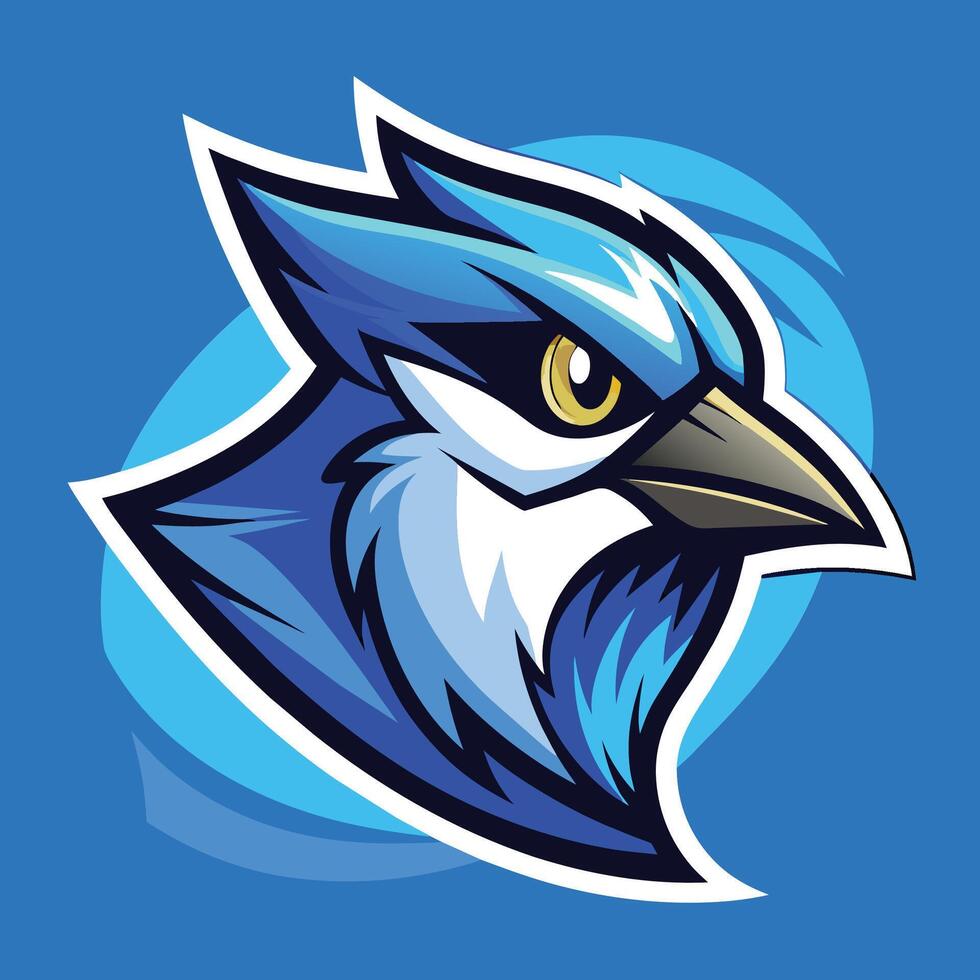 A blue and white bird with striking yellow eyes in focus, Blue Jay Head Mascot, Modern Logo Design vector