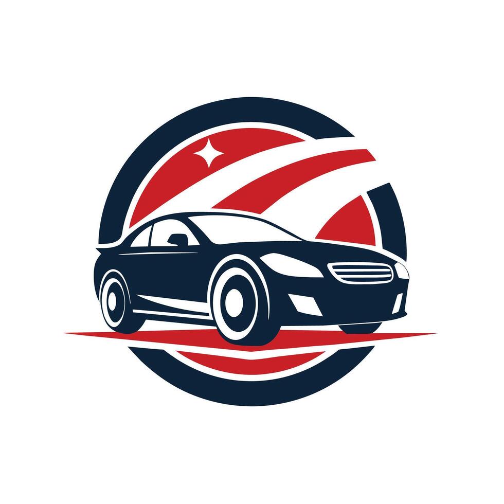 un coche con el americano bandera desplegado en el fondo, un limpiar y sofisticado representación de un coche sala de exposición, minimalista sencillo moderno logo diseño vector