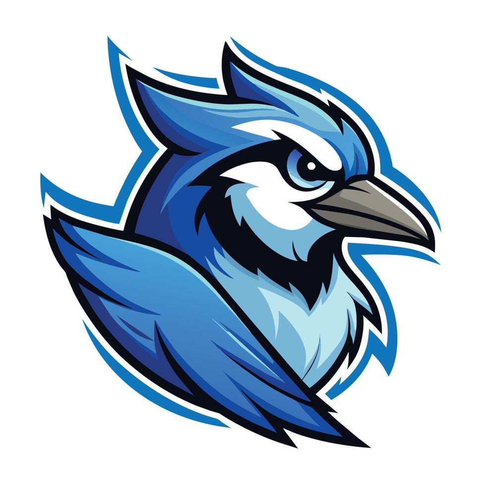 A dynamic blue and white bird with a striking black beak, Blue Jay Bird Logo Mascot, Dynamic vector