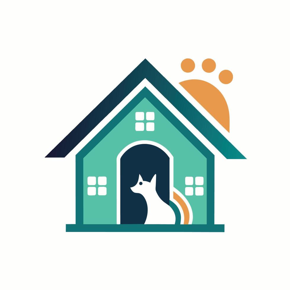 un gato es dentro un perro casa, un sutil cabecear a mascota sentado con un pequeño casa icono, minimalista sencillo moderno logo diseño vector