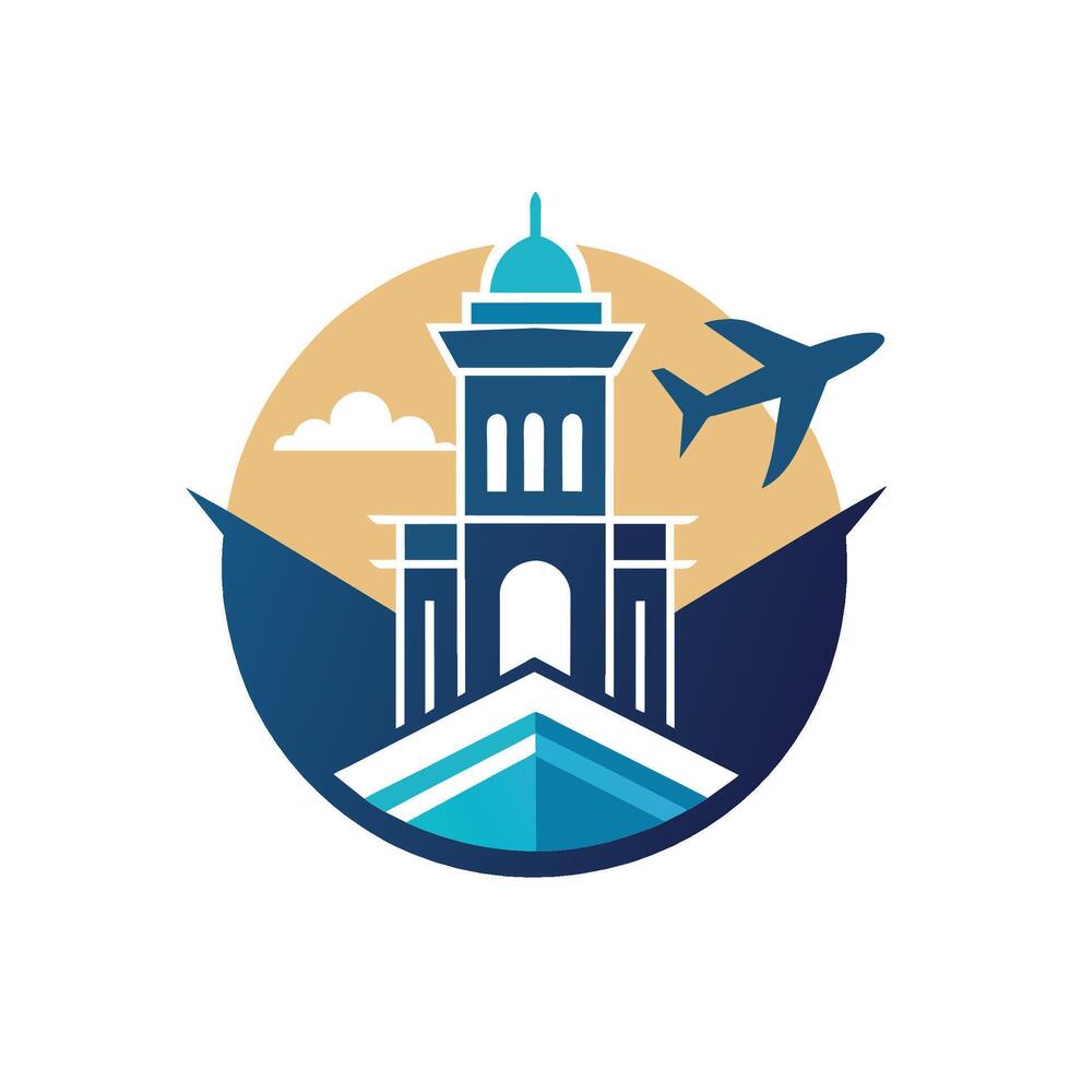 Commercial airplane soaring above a city building with a prominent tower on a sunny day, A minimalist logo with a minimalist travel agency building and airplane silhouette vector