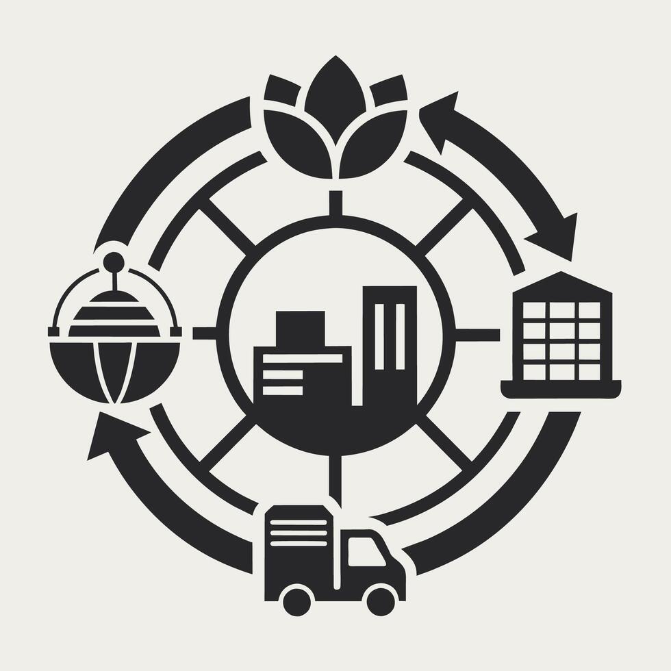 Black and white depiction of a truck parked in front of a building, showcasing urban landscape, A monochromatic logo symbolizing the interconnectedness of supply chains vector