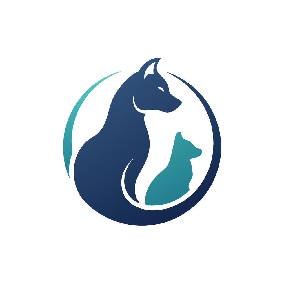 A dog and a cat are sitting next to each other, forming a circle shape, A subtle silhouette of a cat and dog together, minimalist simple modern logo design vector