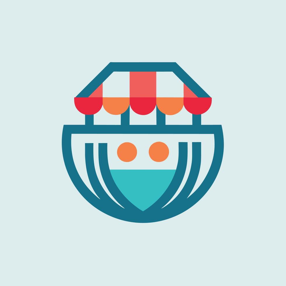 Abstract logo design featuring blue and orange colors under a red and white striped awning, An abstract representation of a digital marketplace, minimalist simple modern logo design vector