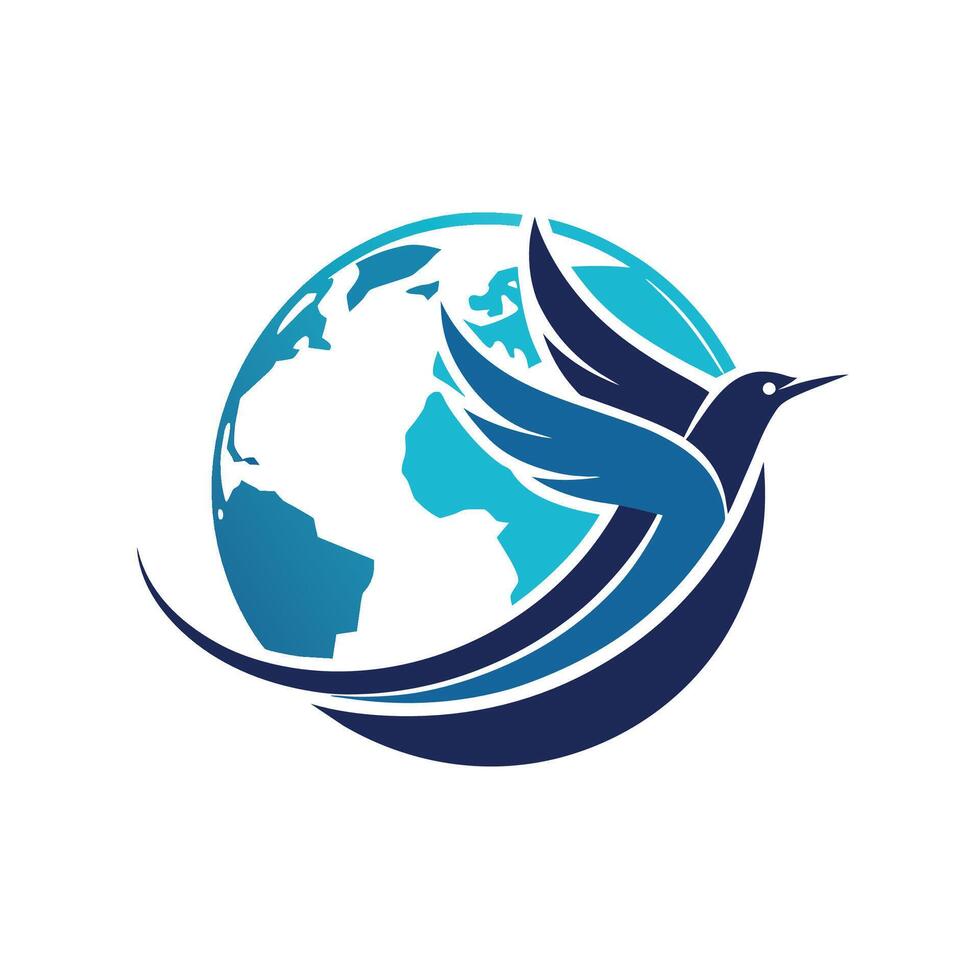 A blue bird in flight encircles the Earth in this logo featuring a stylized world map, A modern logo with a stylized world map and flying bird, minimalist simple modern logo design vector