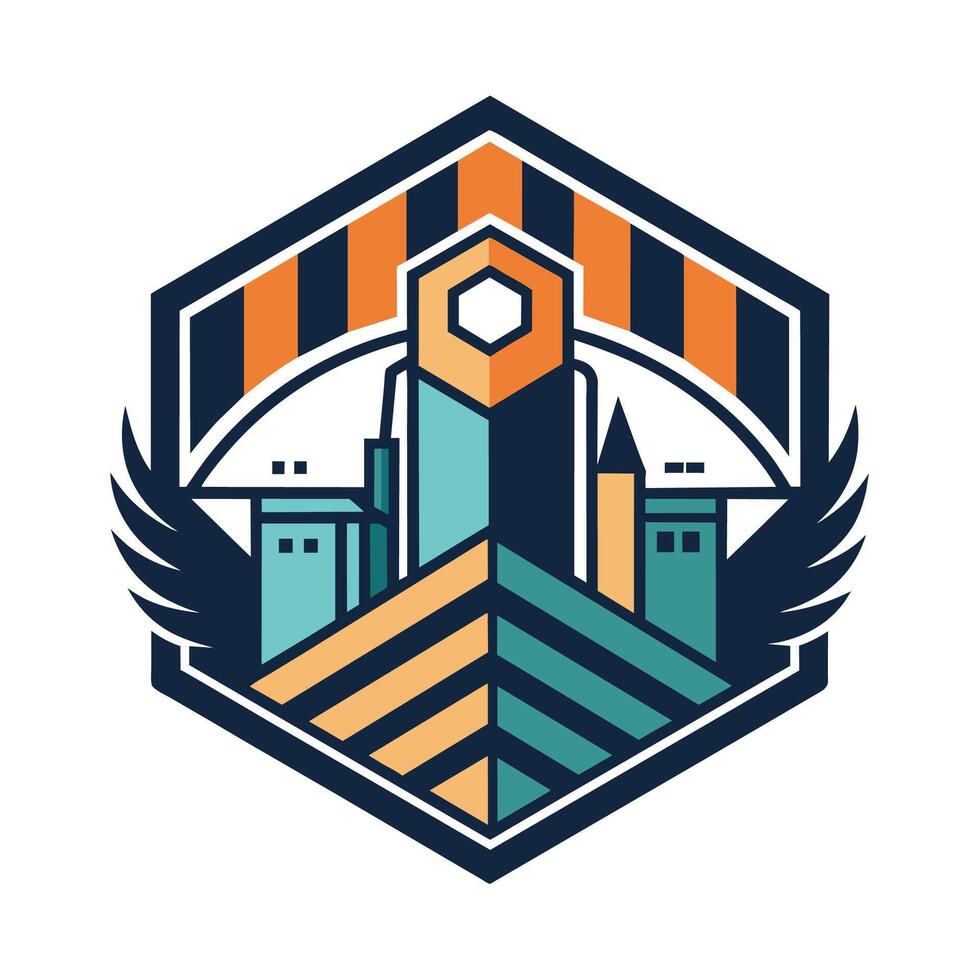 Stylized logo featuring a building with wings, symbolizing progress and innovation, An abstract design inspired by the production process, minimalist simple modern logo design vector