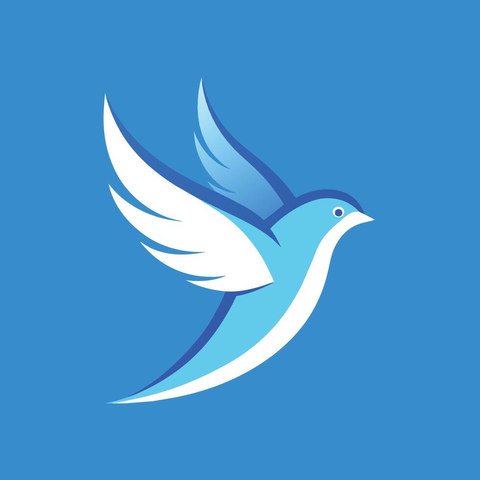 un azul y blanco pájaro se eleva mediante el claro azul cielo, exhibiendo agraciado vuelo, pájaro volador en un claro azul cielo, minimalista sencillo moderno logo diseño vector