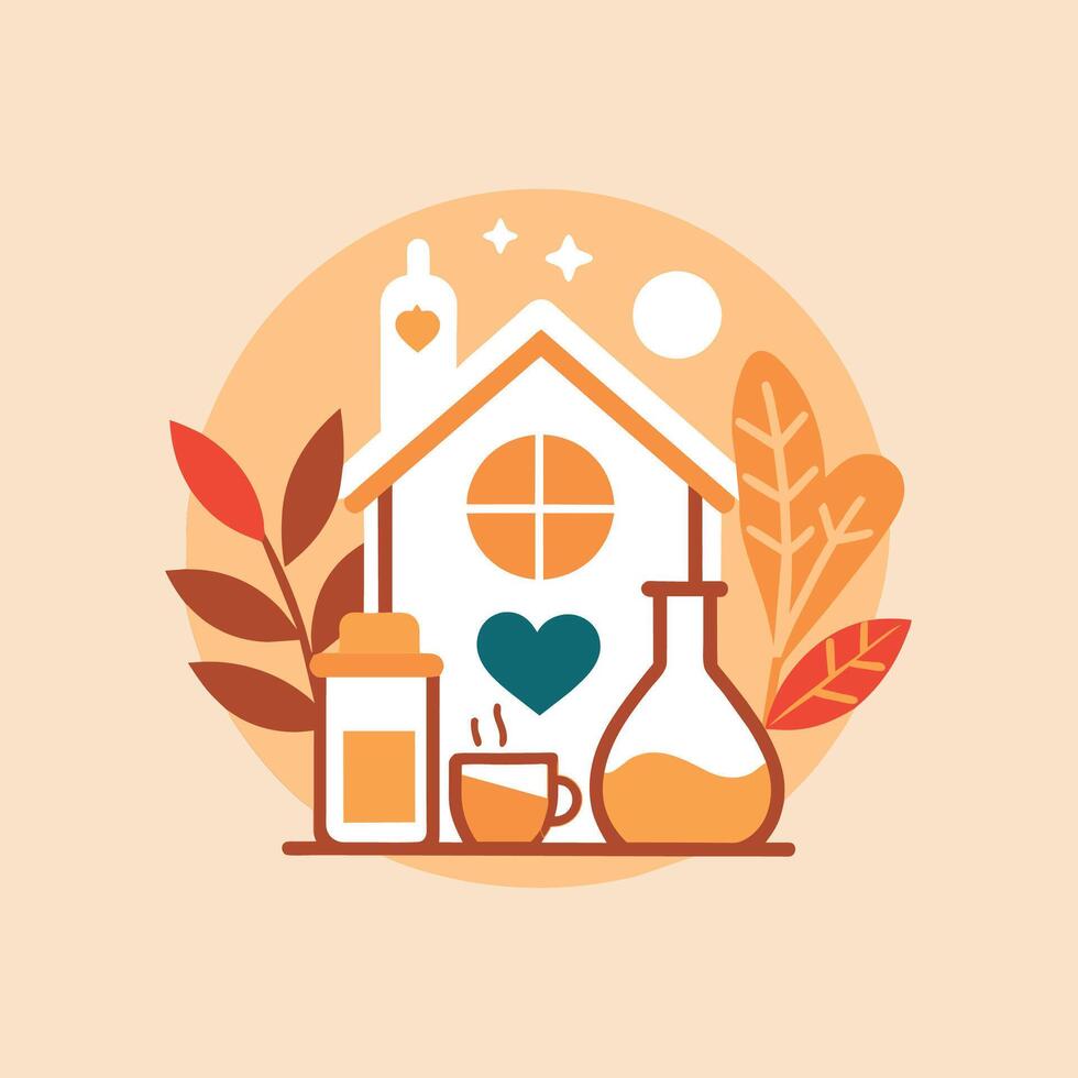 A house with plants outside, featuring a cup of coffee nearby, An eye-catching logo that conveys a sense of warmth and coziness for a family-owned home goods store vector