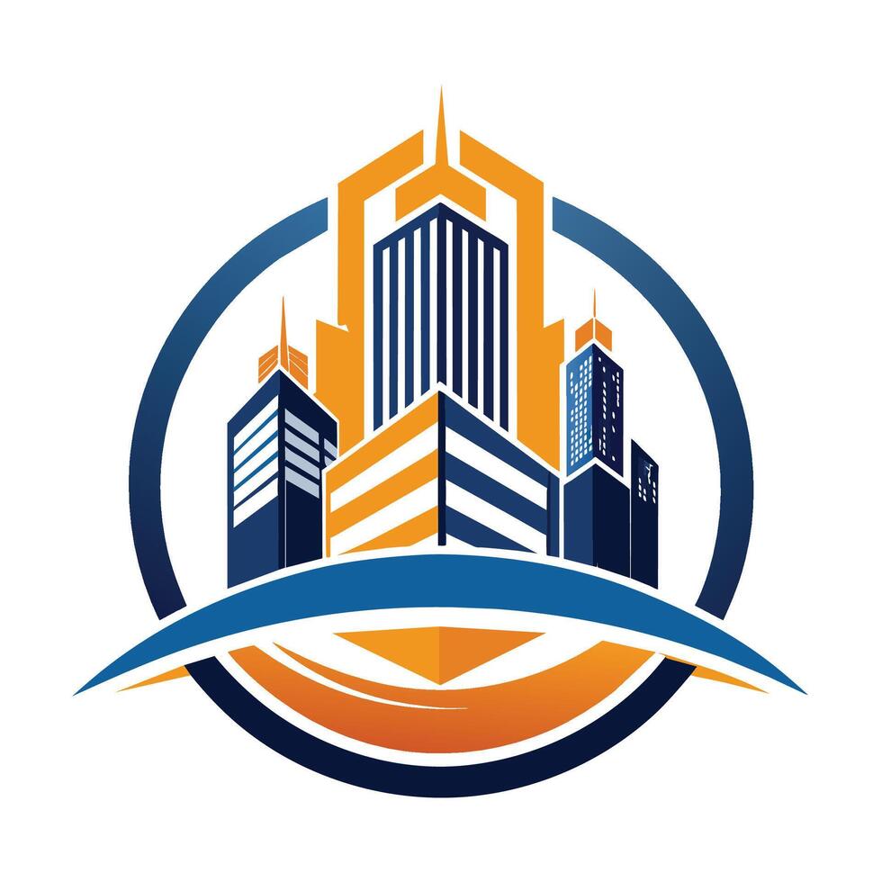 A city with towering skyscrapers reaching into the sky, dominating the urban landscape, Construction Architecture Building Logo Design Template vector