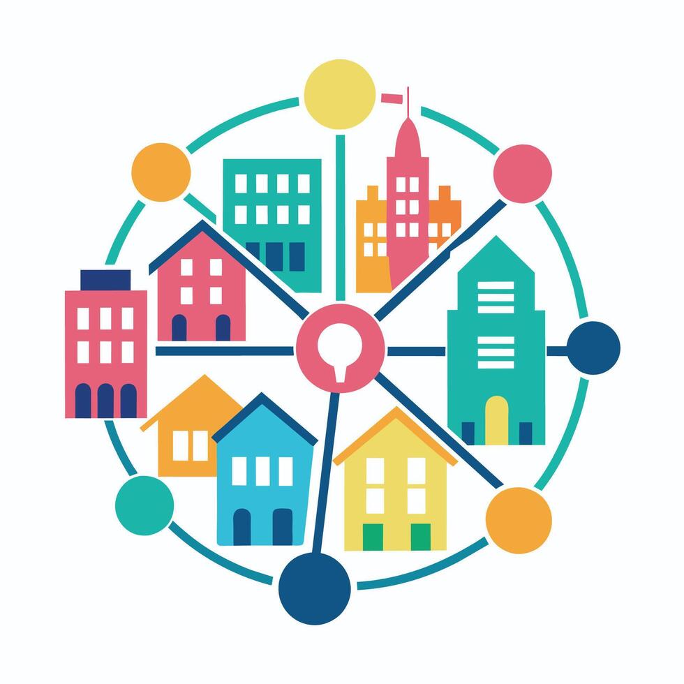 Minimalist graphic of interconnected circle featuring buildings and key symbol, Construct a minimalist graphic of interconnected urban neighborhoods, emphasizing community and connectivity vector