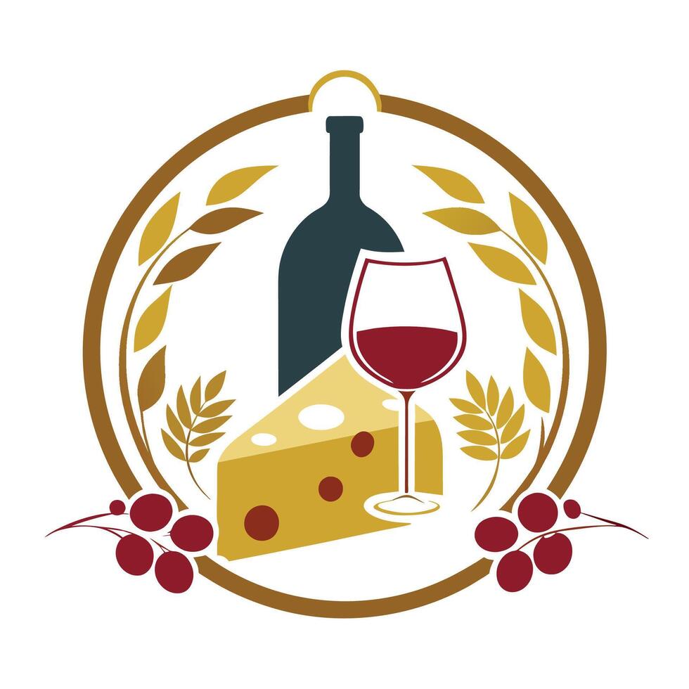 A bottle of wine next to a filled wine glass on a table, An elegant logo for a wine and cheese pairing company, minimalist simple modern logo design vector