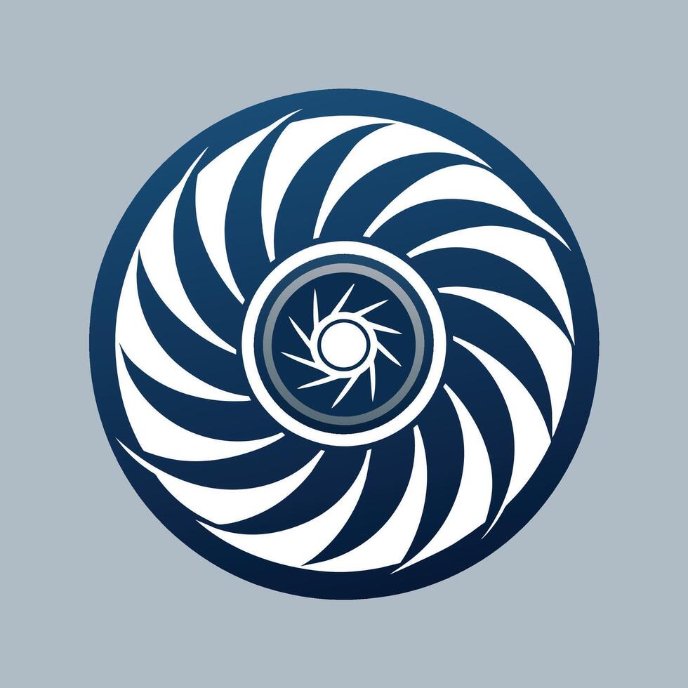 Circular object in blue and white with a star in the center, Clean lines showcasing a turbine engine, minimalist simple modern logo design vector