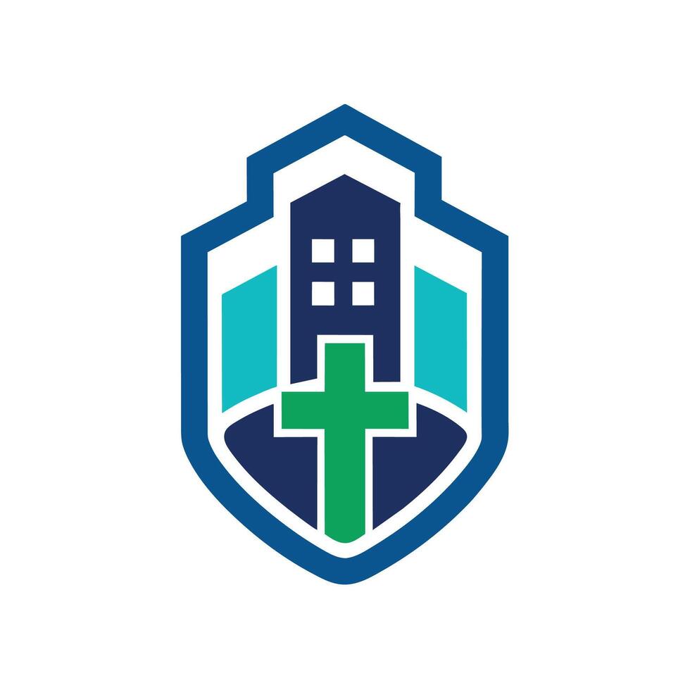 A shield logo with a cross at the center, symbolizing strength and protection, A simple yet impactful logo for a cutting-edge medical facility vector