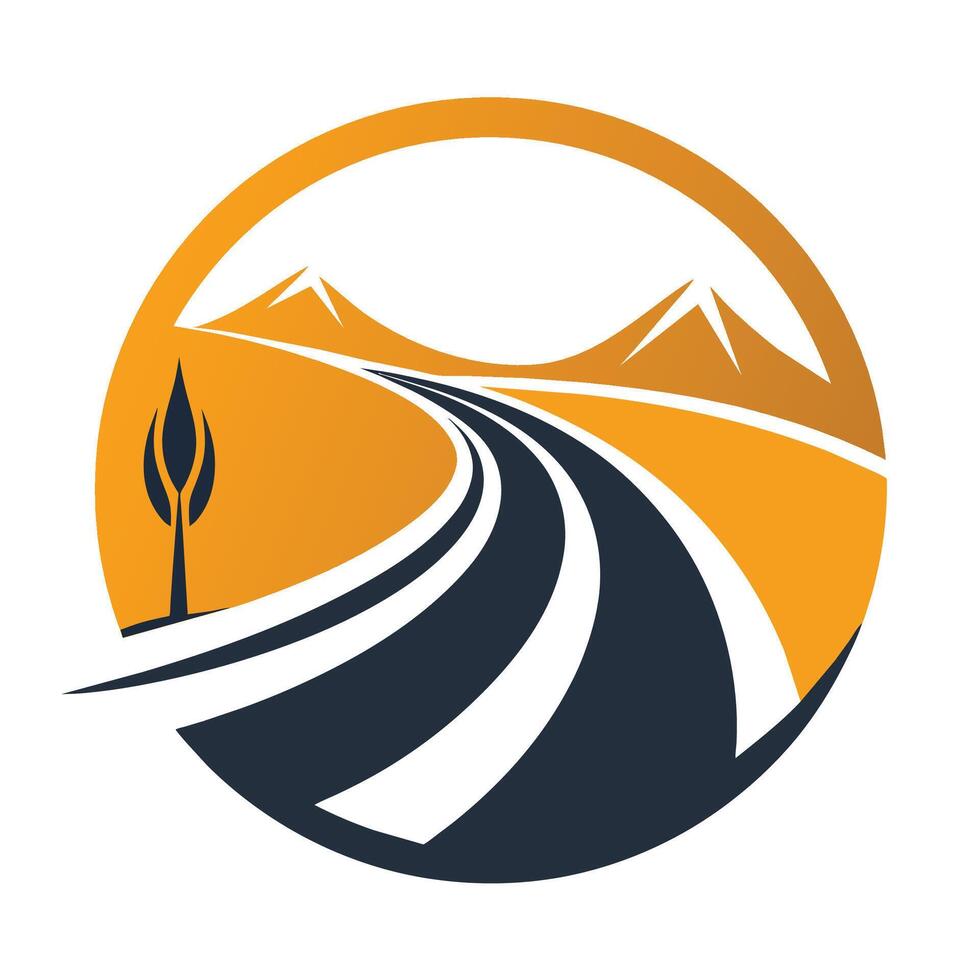 A tree growing in the center of a road, surrounded by asphalt and dividing the path for vehicles, Craft a simple and elegant logo that captures the essence of the open road vector