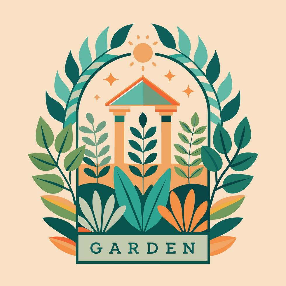 Garden logo stands out amidst greenery of plants and trees in elegant setting, Clean and elegant design for a garden party invitation, minimalist simple modern logo design vector