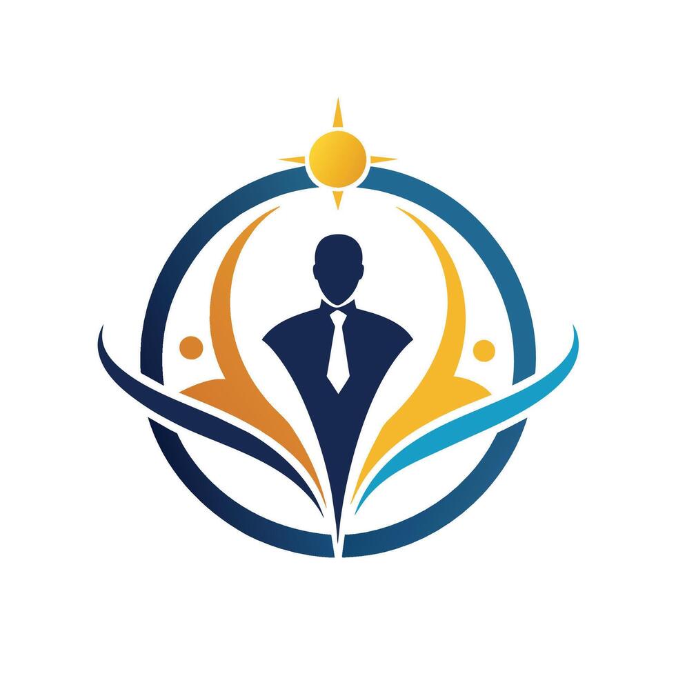 A man in professional attire, standing confidently in front of a bright sun, An elegant and refined logo that reflects the strategic thinking and problem-solving skills of management consultants vector