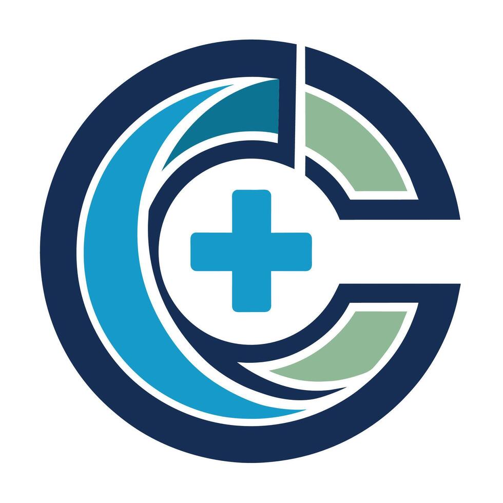 un circular logo presentando un azul y verde diseño con un cruzar símbolo en el centro, circular letra C médico logo salud icono logo diseño vector